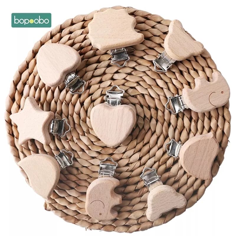 Bopoobo 2pc ciuccio Woode accessori per bambini ciuccio per animali in legno in legno supporto per clip in metallo ciuccio a cuore massaggiagengive in legno