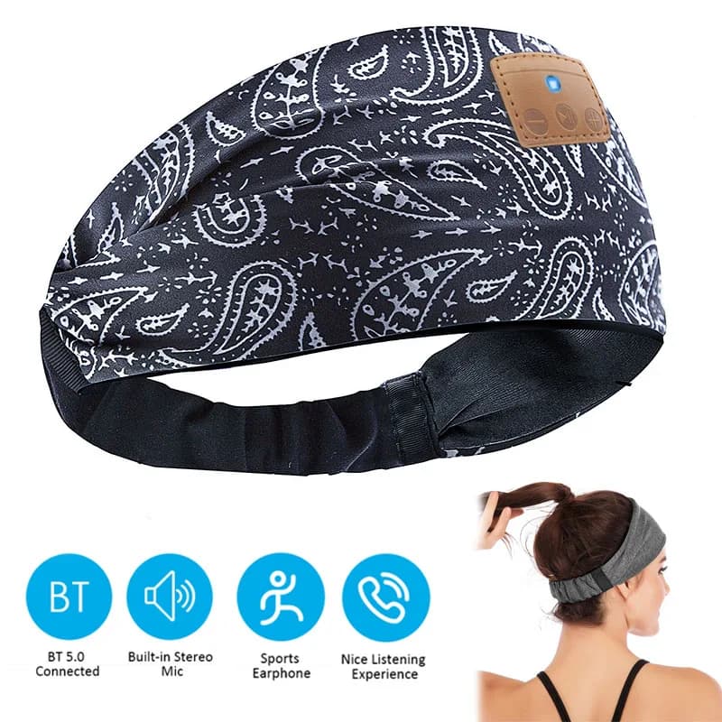 Bluetooth 5.0 Fascia sportiva Auricolare stereo Lettore musicale con microfono per vivavoce Fascia elastica lavabile ricaricabile