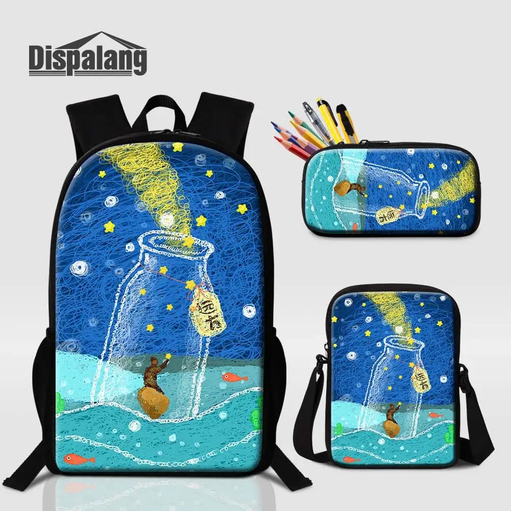 Art Print Backpack Set 3PCS, Custom Sublimation School Bag Includes Lunch Box and Pen Case