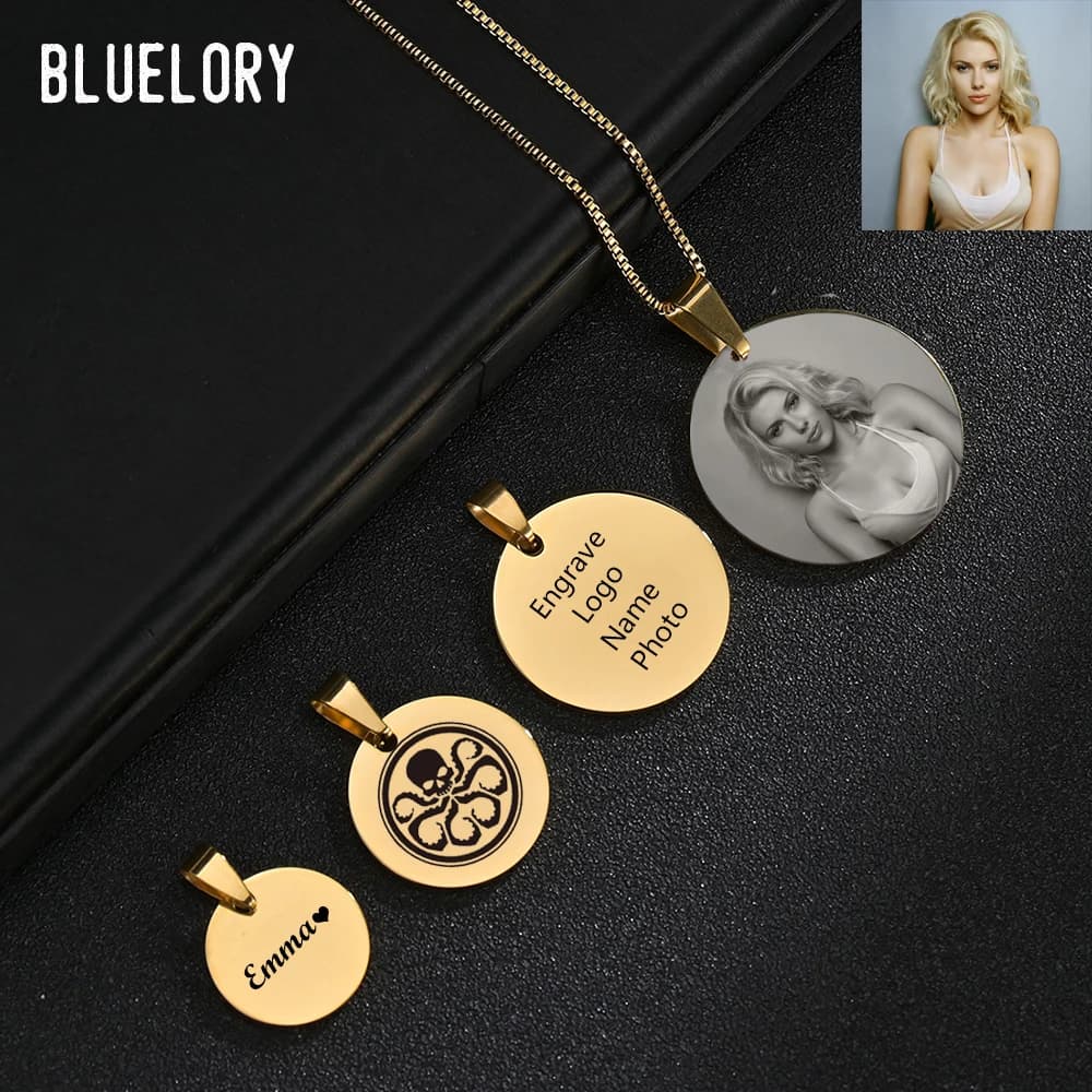 Bluelory Stainless Steel Custom Round Plate Necklace with Laser Engraved Name Logo Word Necklaces for Men's and Women's Jewelry