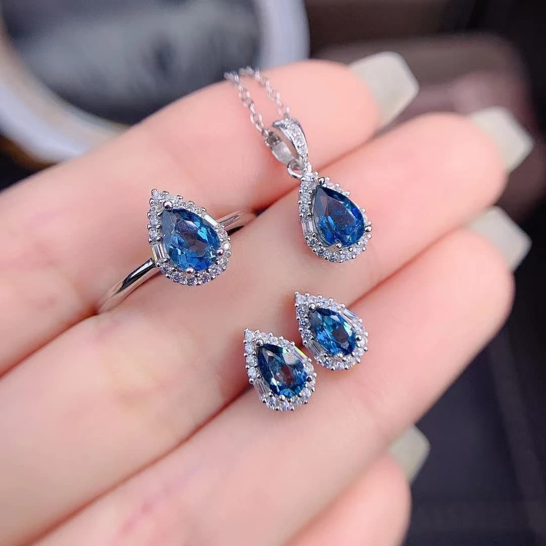 MeiBaPJ Natural Lodon Blue Topaz Jewelry Set with Water Drop 925 Silver Earrings with Elegant Wedding Jewelry Pendant for Women
