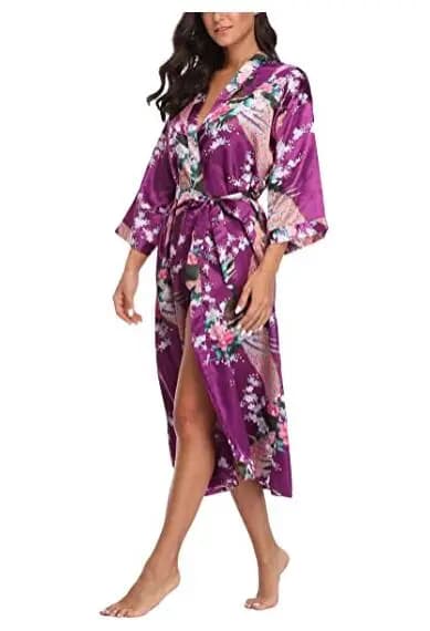 Nightwear Casual Dress Sexy for Women's Nightwear Print loose flower Kimono Long Blue Dress Royal With Belt