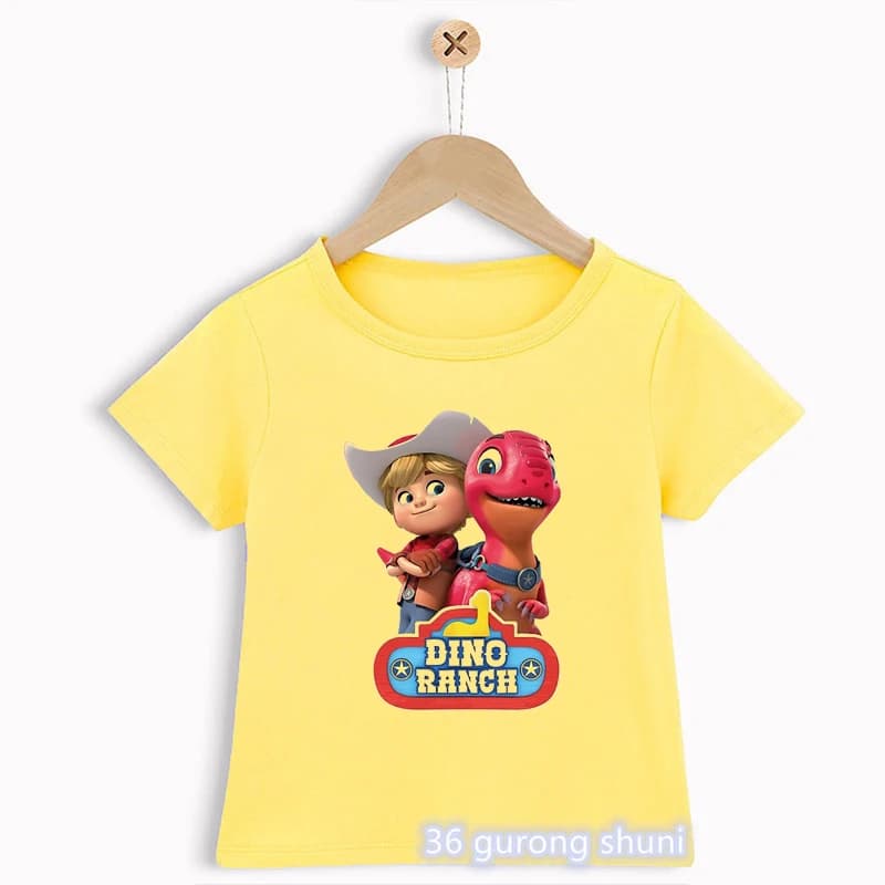 T-Shirt For Boys Funny Dino Ranch Cartoon Print Children'S Tshirt Summer Boys Clothes Yellow Short-Sleeved Shirt Toddler T Shirt