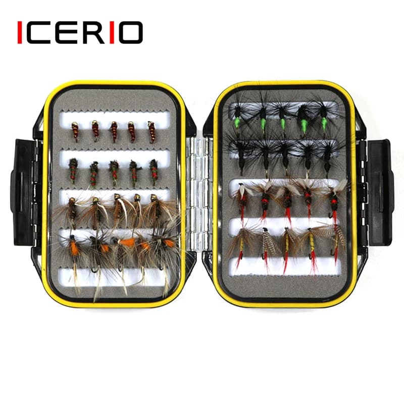ICERIO 40PCS Dry and wet flies Ninfa Formica Legatura Gancio Trout fishing bait for flies bait Waterproof box Equipment
