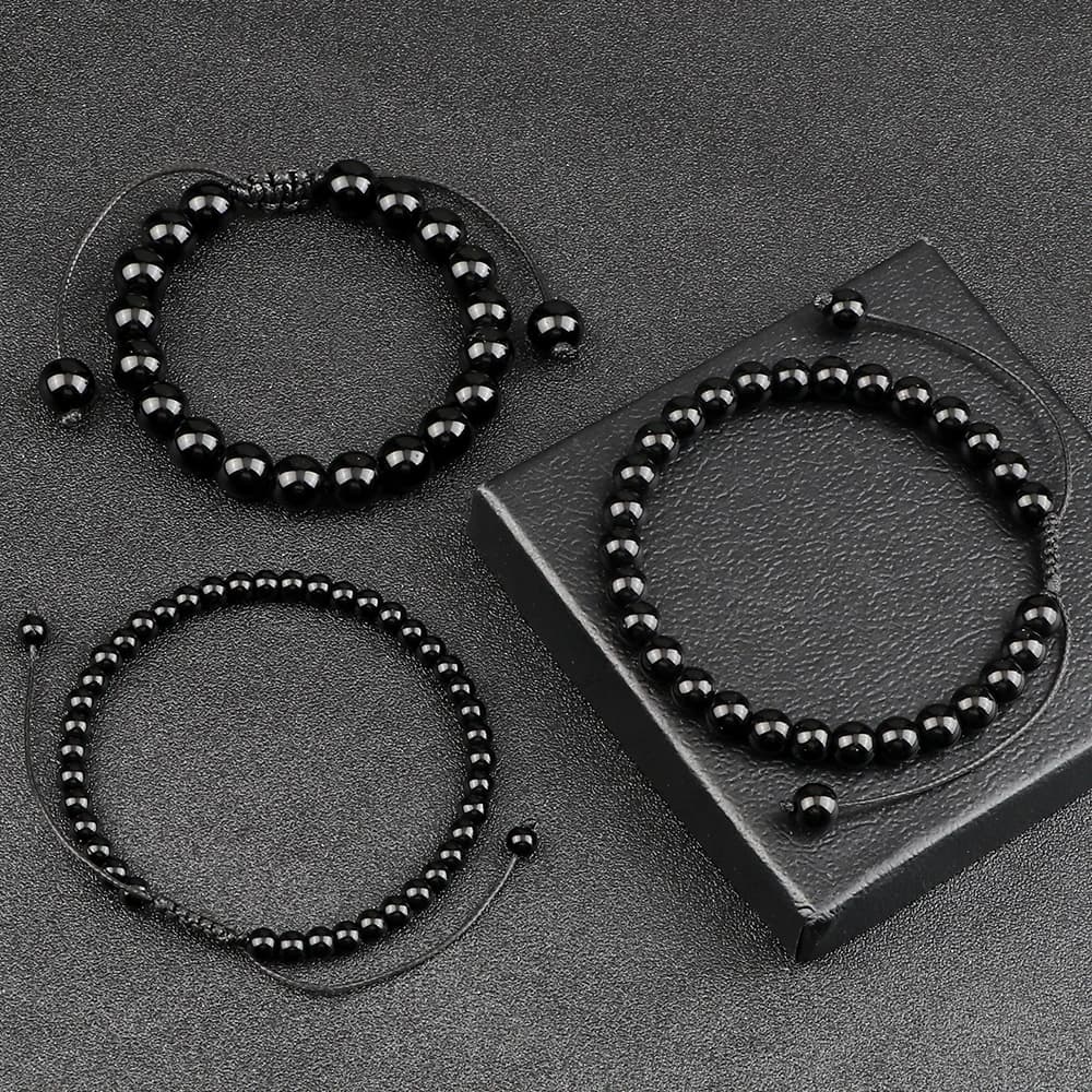 Bracciale con perline fatto a mano 4 6 8mm Pietra naturale lucido Perline di onice nero Bracciali e braccialetti Misura regolabile Gioielli da polso in ossidiana