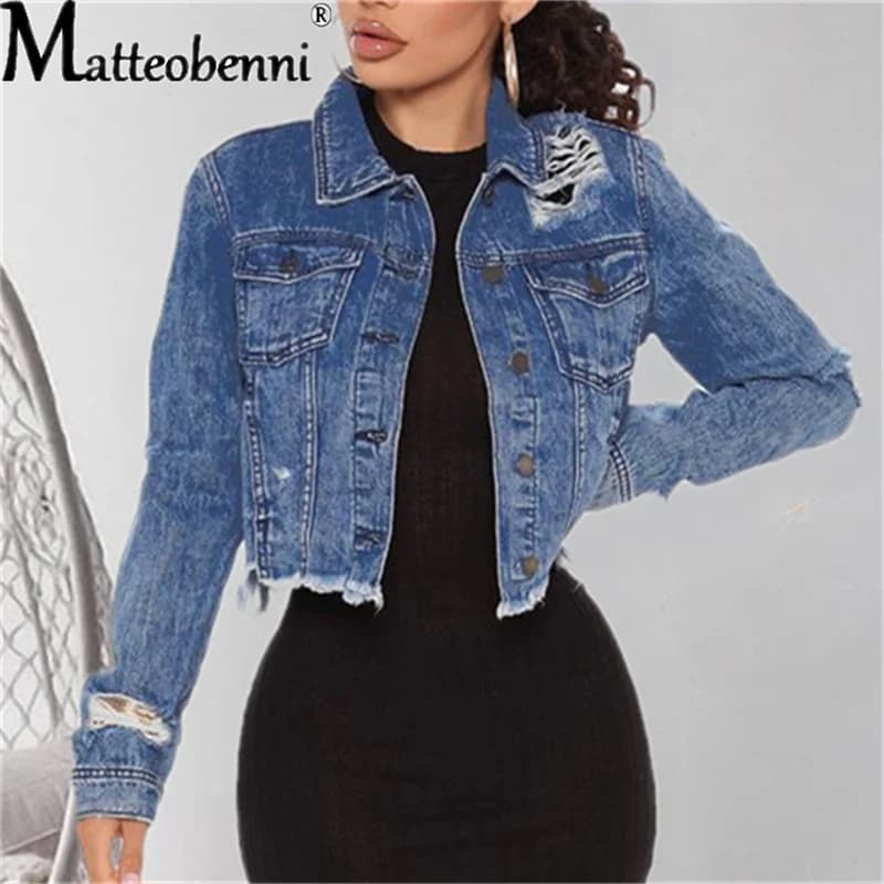 Giacche di jeans ritagliate blu donna 2021 manica lunga con tasche a bottone cappotto Vintage autunno inverno Streetwear jeans strappati Outwear