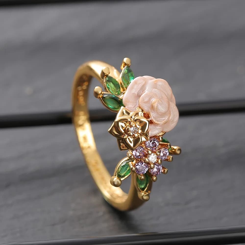 Foydjewic Exquisite Pink Rose Flower Rings per le donne Color oro verde e viola zircone anello fidanzamento gioielli di san valentino