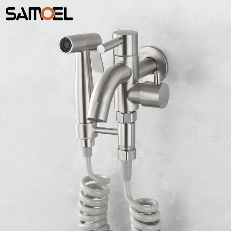 Spruzzatore per bidet per lavaggio WC da bagno in acciaio inossidabile a parete con tubo a molla musulmano Shattaf SF1067