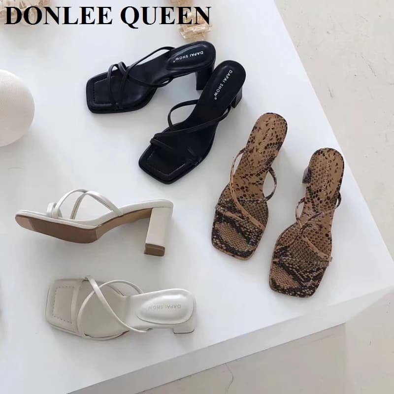 Slippers sandal pattern serpent fashion woman heel high flip On slides shoes tight band summer elegant sandals Mujer