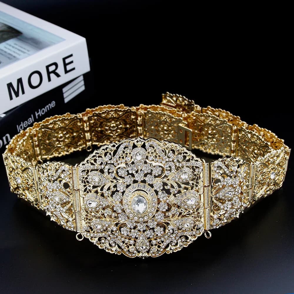 Sunspicems Cintura larga marocchina per donna Abito caftano Catena in vita Colore oro Matrimonio arabo Gioielli per il corpo Cintura di cristallo Regalo nuziale