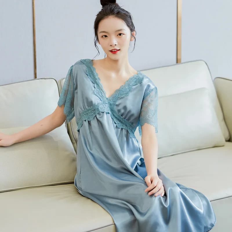 Long night shirt in lace patchwork sexy woman night shirt silk rhyon night shirt Bathrobe Spring Summer Dresses for home