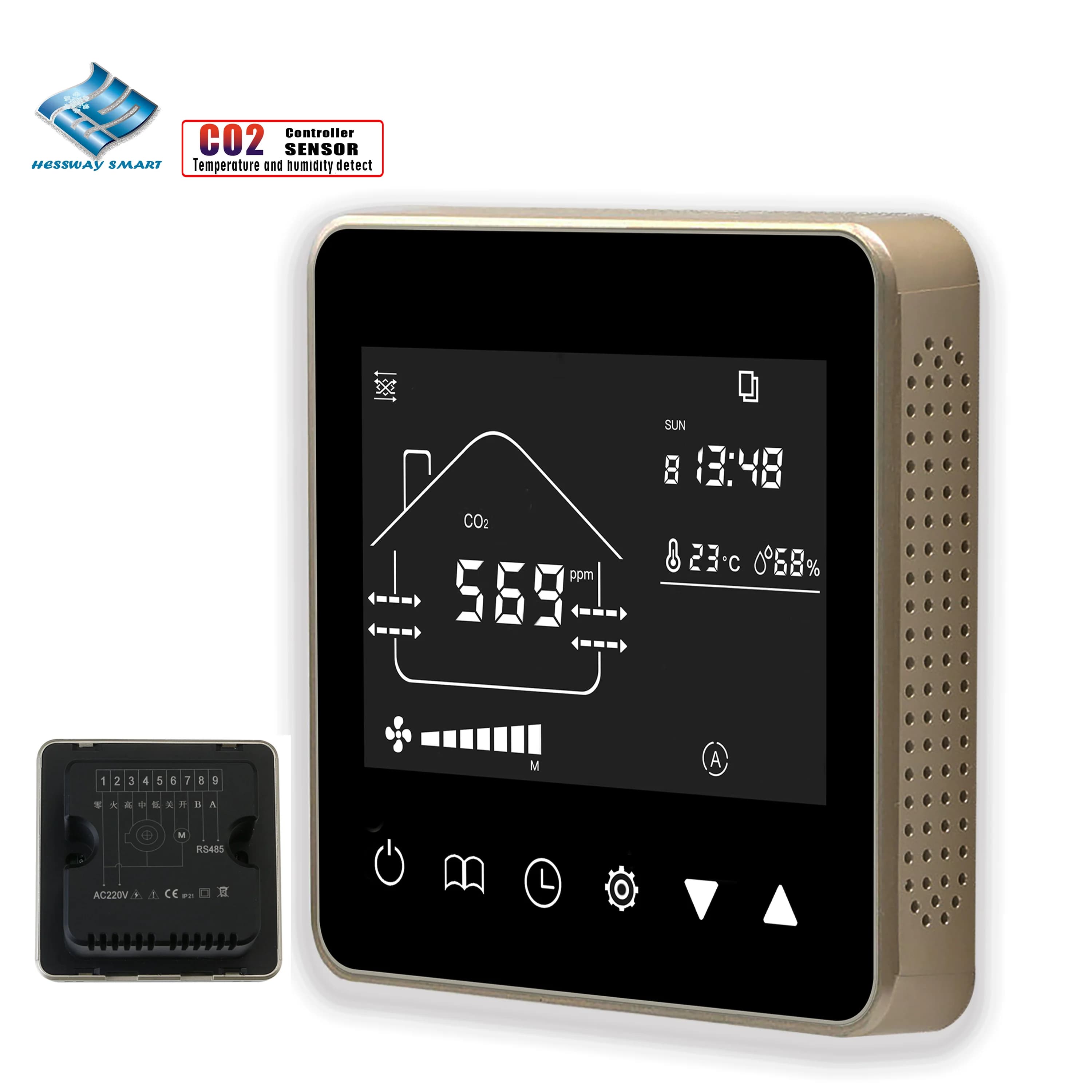 Regolatore della qualità dell'aria per rilevatore di temperatura e umidità del sensore CO2 RS485 e MODBUS telecomando EC/AC 3 velocità della ventola