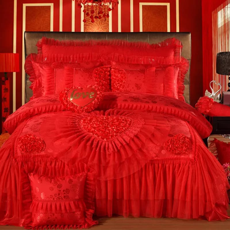Set biancheria da letto in cotone satinato jacquard rosso, copripiumino in pizzo a forma di cuore principessa cinese di lusso, lenzuolo, federe