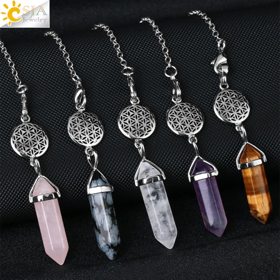 CSJA Fiore della Vita Penduli di Cristallo per Dowsing Pietra Naturale Quarzo Rosa Pendolo Ametiste Ciondolo Esagonale Penduli G884