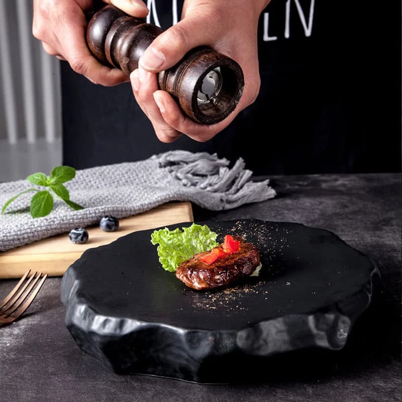 Piatto da sushi in ceramica Modellazione di pietra Stoviglie Artigianato Piatti da 8 pollici Piatto da dessert Insalata Stoviglie Forno a microonde Formaggio sicuro Vassoio per pizza