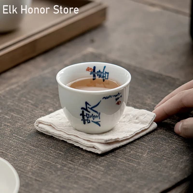2PC/Set 75ml Hand Painted Calligraphy Art Ceramic Sample Tea Cup White Porcelain Master Cup Household Kung Fu Tea Maker Ceremony