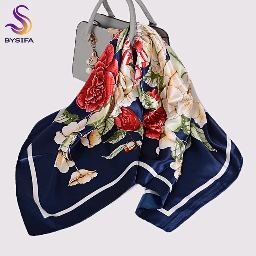 [BYSIFA] Sciarpa di seta da donna Scialle stampato Rosa cinese Blu navy Sciarpe quadrate rosse 90 * 90 cm Accessori moda Foulard Hijab