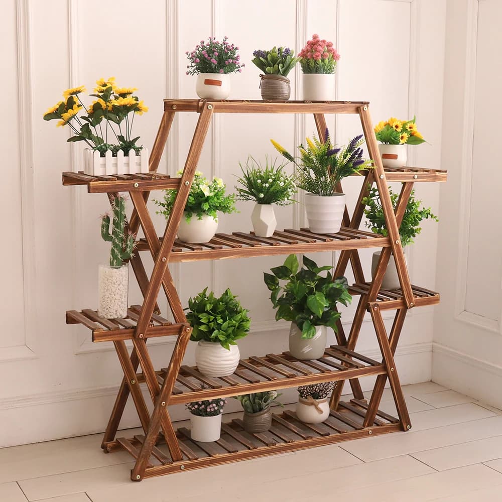 Grande supporto per piante triangolare in legno per interni, portavasi da fiori a 6 livelli, scaffale per espositori angolari