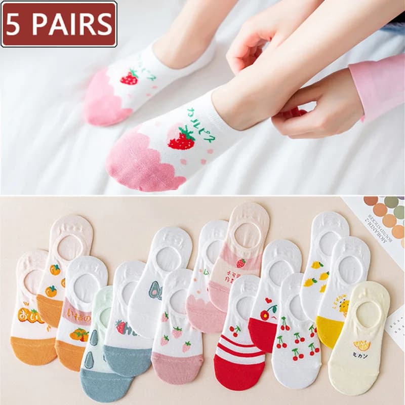 5 Pairs Women Cotton invisible Socks Slipper Summer Thin Fruit Print Boat Socks Female Silicone No show Socks Non-slip