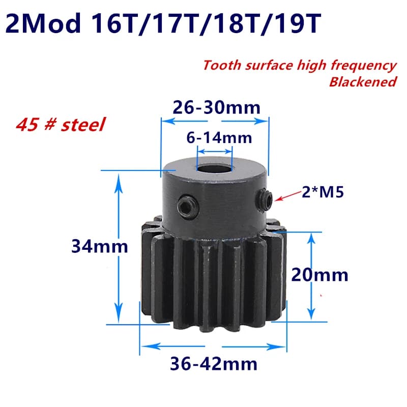 1pc Ingranaggio a Denti Dritti Mod 2 16T 17T 18T 19T R Denti 45 # Ingranaggio in acciaio a dentatura positiva, cremagliera CNC, ingranaggi per trasmissione motore, 16 denti