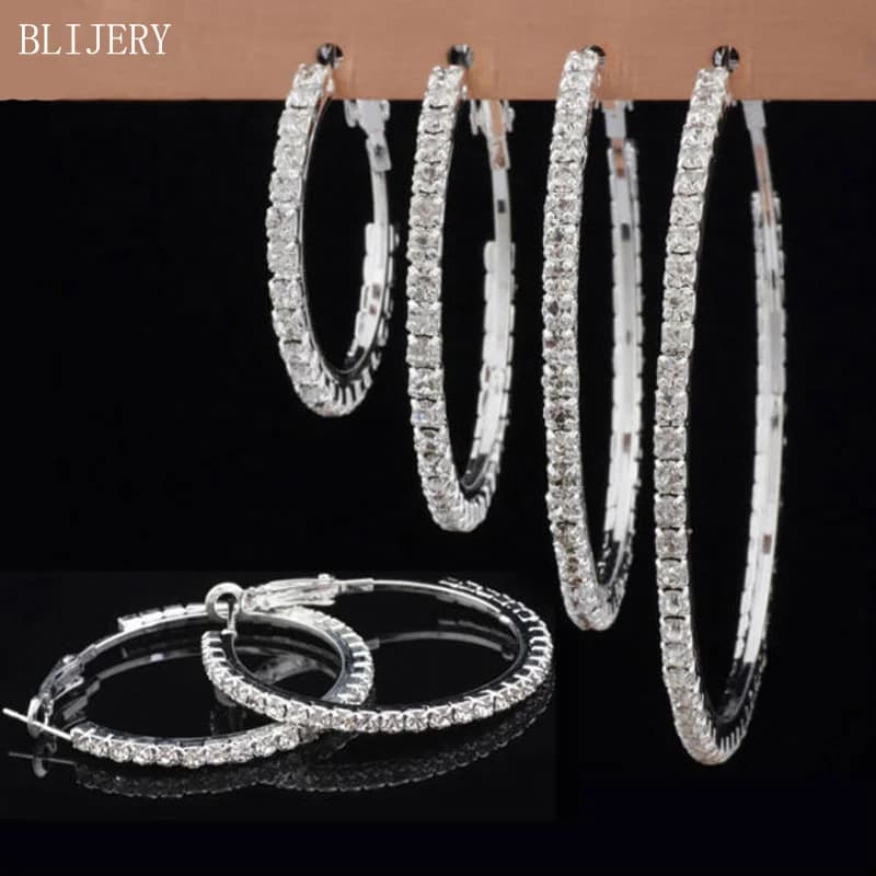 BLIJERY Fashion Full Rhinestone Circle Earrings Classic Big Circle Earrings Gold/Silver Color Crystal Hoop Earrings For Women