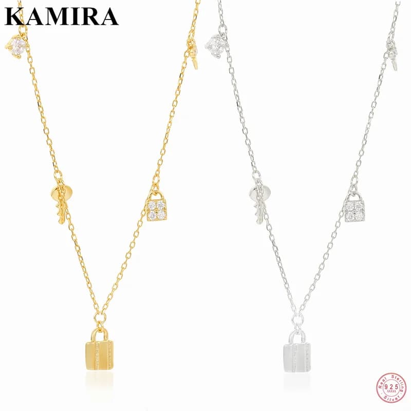 KAMIRA 925 Sterling Silver Fashion Vintage Lock Key Zircon Pendant Necklace for Women Party Charm Gothic Luxury Jewelry Gift Ins