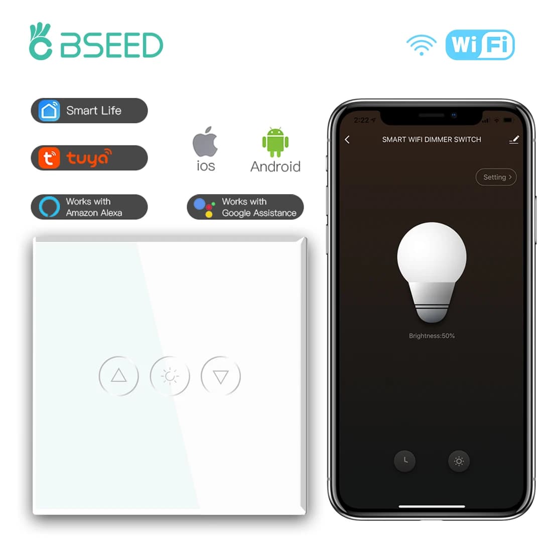 BSEED Singolo Smart Wifi Dimmer Switch 1Gang 1WayWifi Controllo Dimmerabile Luce A Led Pannello In Vetro Supporto Tuya Google Smart Life