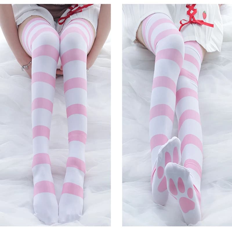 Calze lunghe a righe rosa per donna moda simpatico gatto zampa ragazze sopra le calze al ginocchio Bas Femme calze autoreggenti a compressione Sexy
