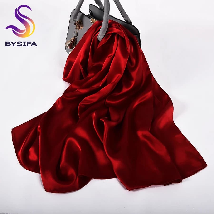 [BYSIFA] Sciarpa di seta rossa vino di pura seta Scialle Moda donna Lusso Crepe Raso di seta Sciarpe lunghe Sciarpa di marca da donna Mantella