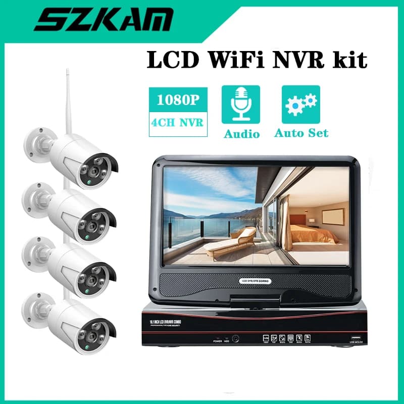 Wireless NVR Kit 4 Channels with 10 Inch LCD Screen, 4 2MP WIFI IP Cameras, 1080P HD Video Monitoring, Audio Recording, CCTV Security System
