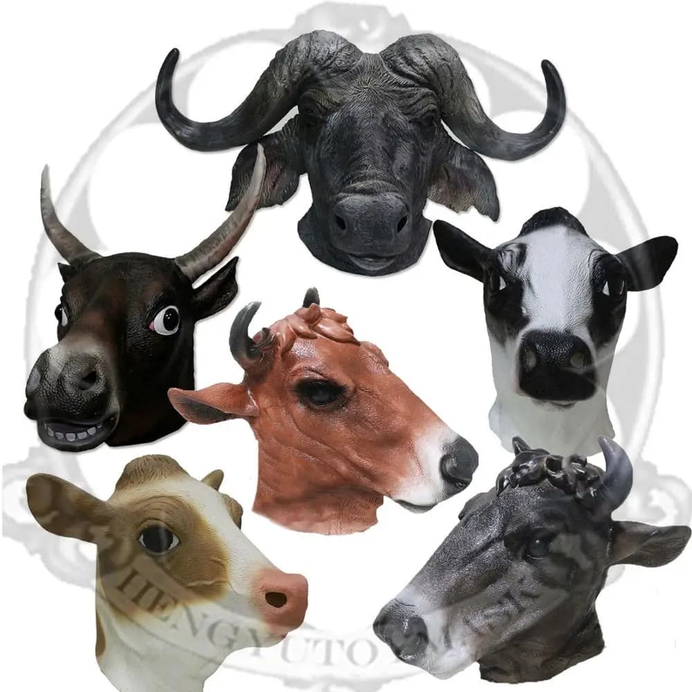 Maschera di carnevale cosplay con testa di mucca in lattice, animale da fattoria, costume di Halloween