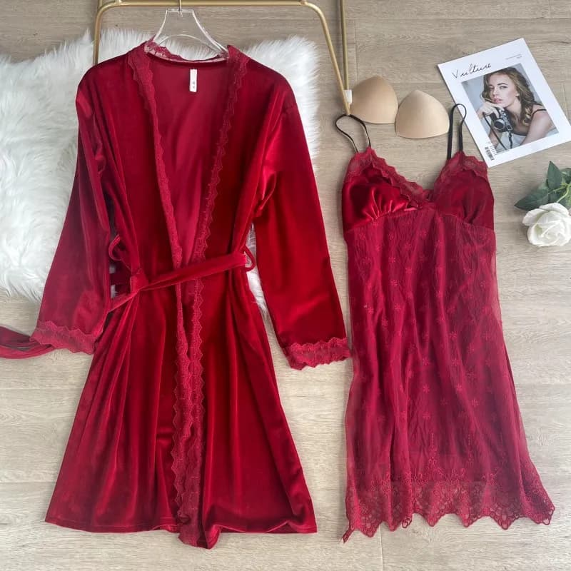 Autumn Winter Velvet Robe Suit Nightdress Bride Wedding Elegant Mesh Lace Dot Spaghetti Strap Women Warm Bathrobe Kimono Gown