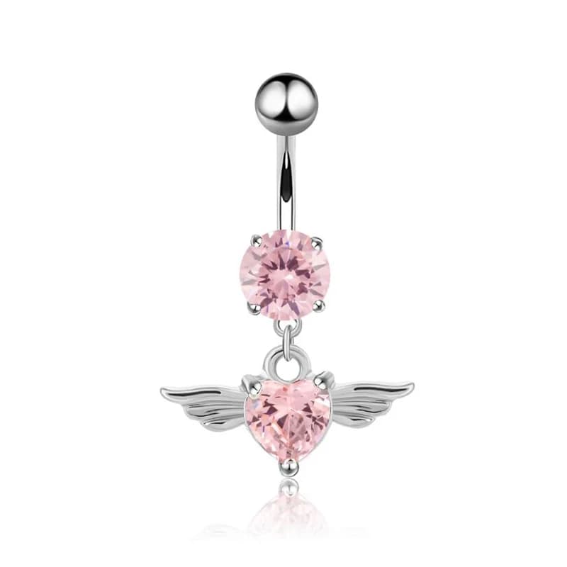 Women Fashion Piercing Pink Color Crystal Heart Wing Belly Navel Ring Dangle Personality Body Jewelry Accessories
