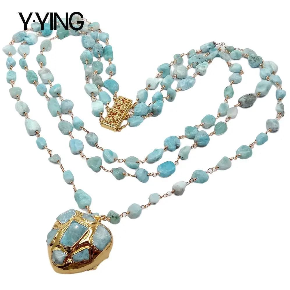 Y -ying 3 fili collana con catena rosario Larimar blu naturale collana con ciondolo Larimar a forma di cuore per donna 18''