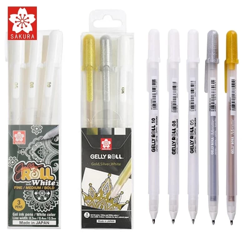 Sakura 3 pezzi Gelly Roll Penna classica per evidenziare Penne a inchiostro gel Penna bianca brillante Evidenzia pennarello per schizzi Evidenziazione argento dorato