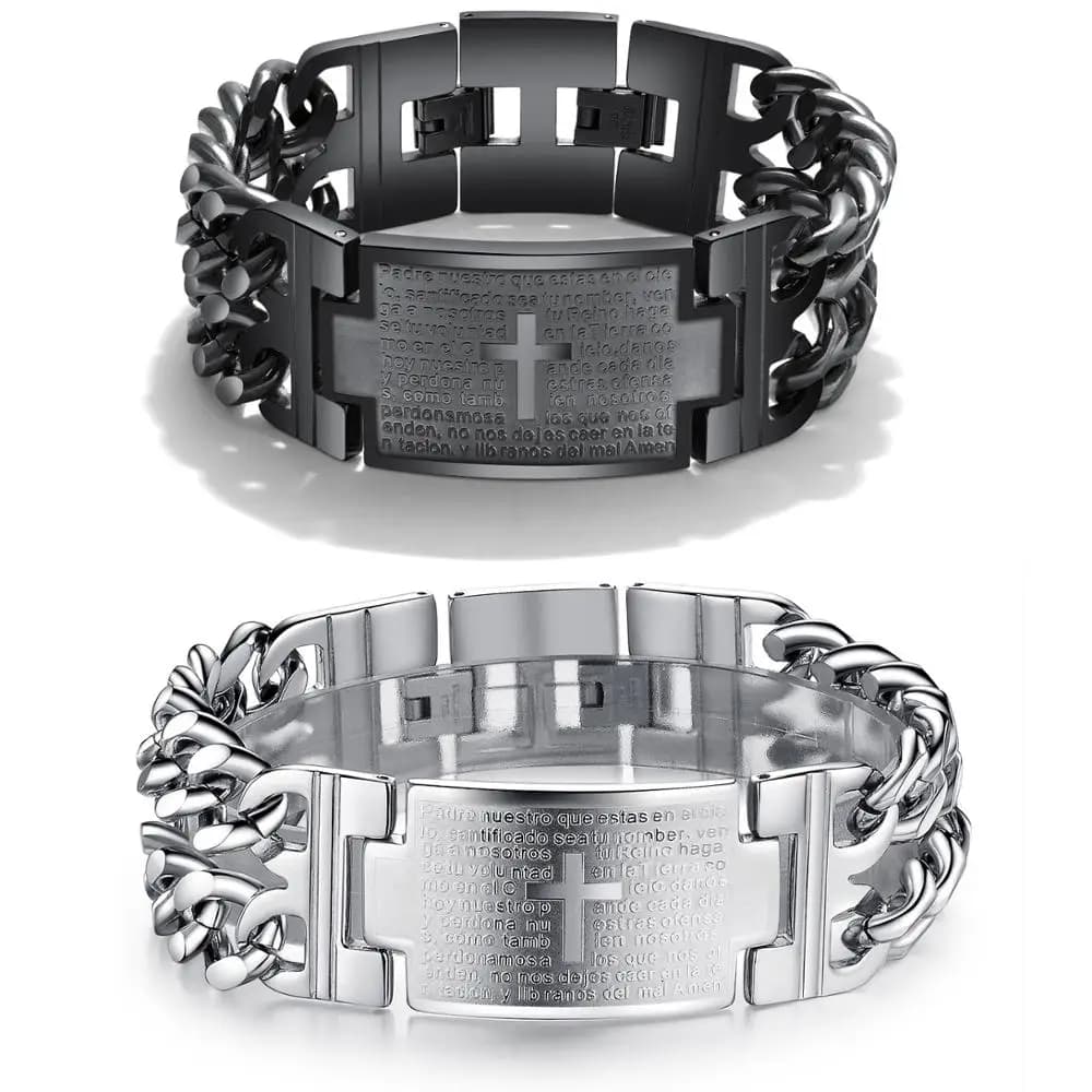 Bracciale a catena con croce vintage della Bibbia da 24 mm di larghezza, regalo di gioielli punk in acciaio inossidabile da uomo