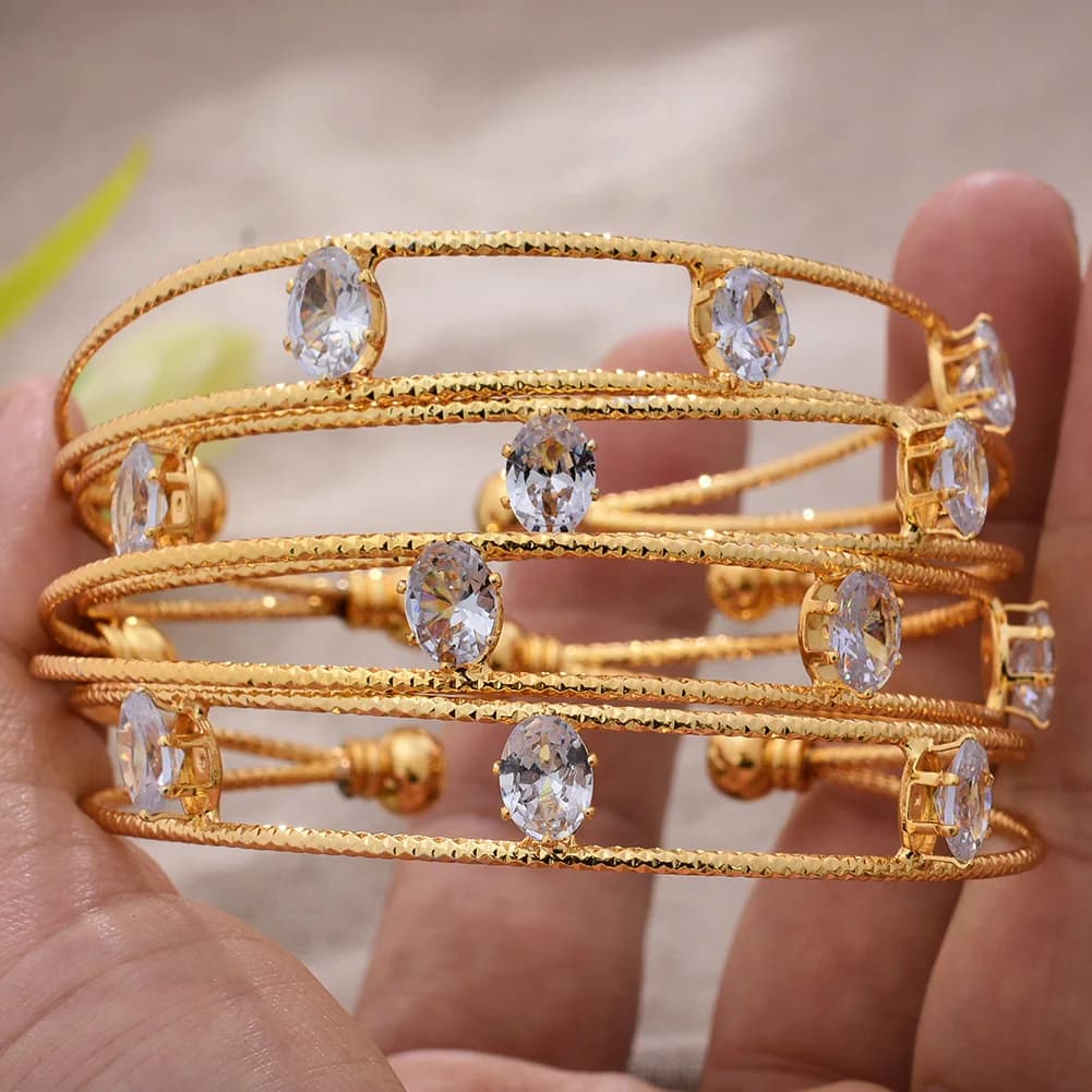 24K 4Pcs/Lot White Stone Dubai Ethiopian Gold Color Cuff Bangles For Women Wife Wedding Jewelry Bangles&Bracelet Wife Girl Gifts