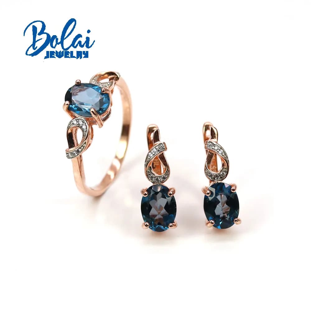 Bolaijewelry, anelli con topazio blu di Londra naturale taglio ovale 6*8mm, orecchini e pendente in argento sterling 925, gioielli raffinati da donna