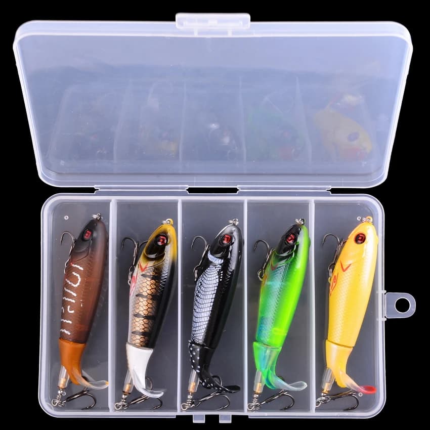 5 pz/scatola 100mm Galleggiante Popper Richiamo di Pesca Set Esche Dure Artificiali Esche Morbide Coda Rotante Attrezzatura Da Pesca Scatola