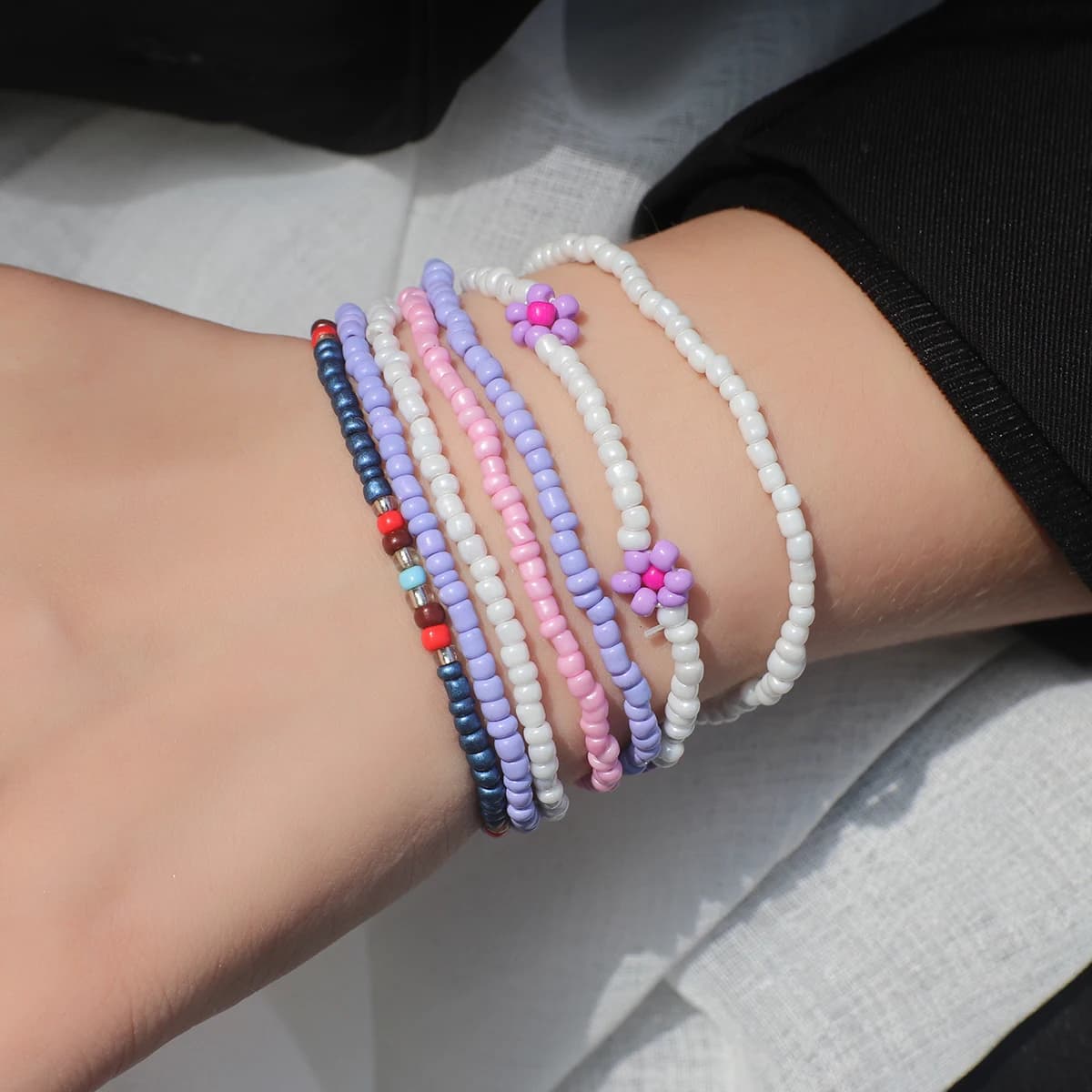 AENSOA 3 pcs/set Y2K beads bracelet thread for women bohemian flower colored beads bracelet elastic gift of beach jewelry