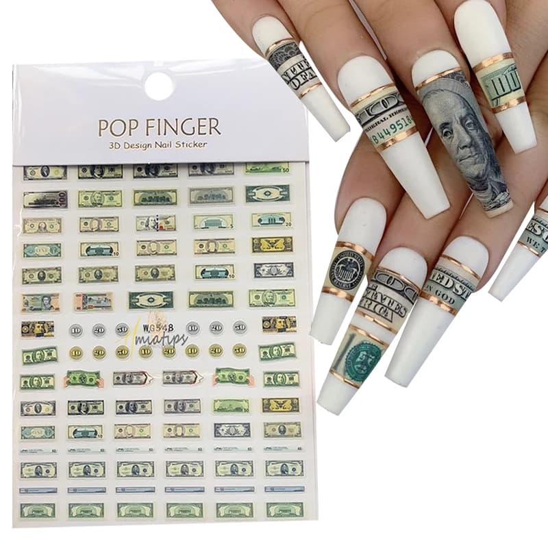 Segno di dollaro di denaro 3D Adesivi per nail art Decalcomania Stile ricco e ricco Unghie autoadesive Suggerimenti per manicure in acrilico Strumento di decorazione