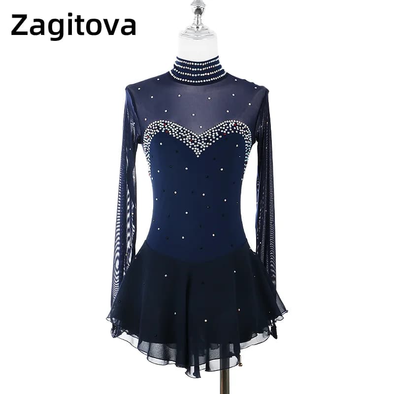 Abito da pattinaggio di figura rosso blu navy per donne e ragazze Abiti da pattinaggio di figura su ghiaccio a maniche lunghe con strass