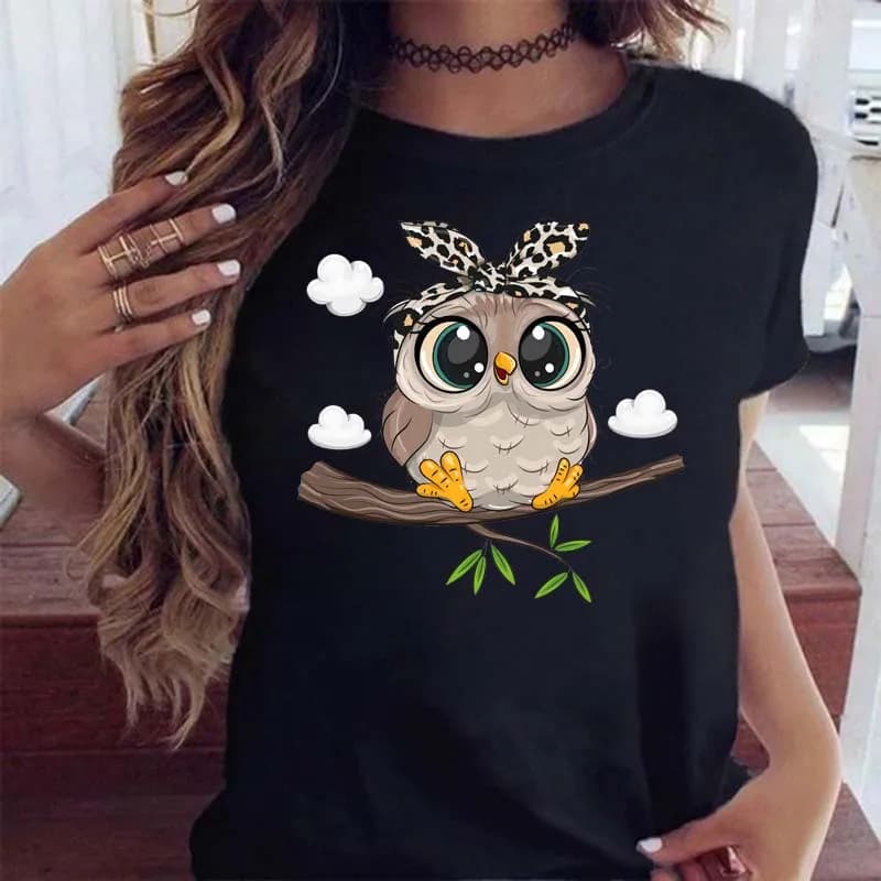 Maycaur Cartoon Owl Stampa T Shirt Donna Kawaii Graphic Camicie Casual a maniche corte Nero T-shirt femminile O-Collo Harajuku T-shirt