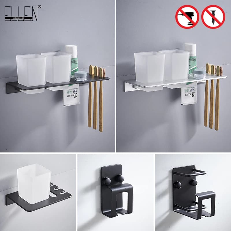 ELLEN Self-adesivo Bagno Supporto di Tazza Nera Spazzolino Da Denti Titolare Accessori Per il Bagno Da Parete In Metallo di Supporto di Tazza ML6037