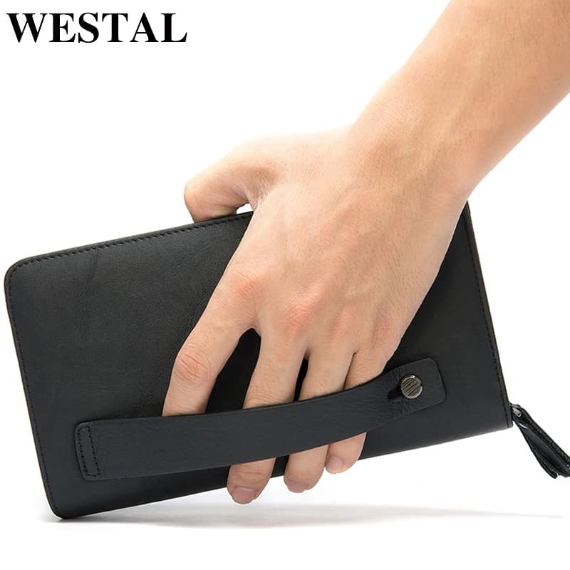Portafoglio da uomo WESTAL pochette da uomo in vera pelle con doppia cerniera portafoglio per passaporto per carte portamonete portafogli lunghi borsa a mano
