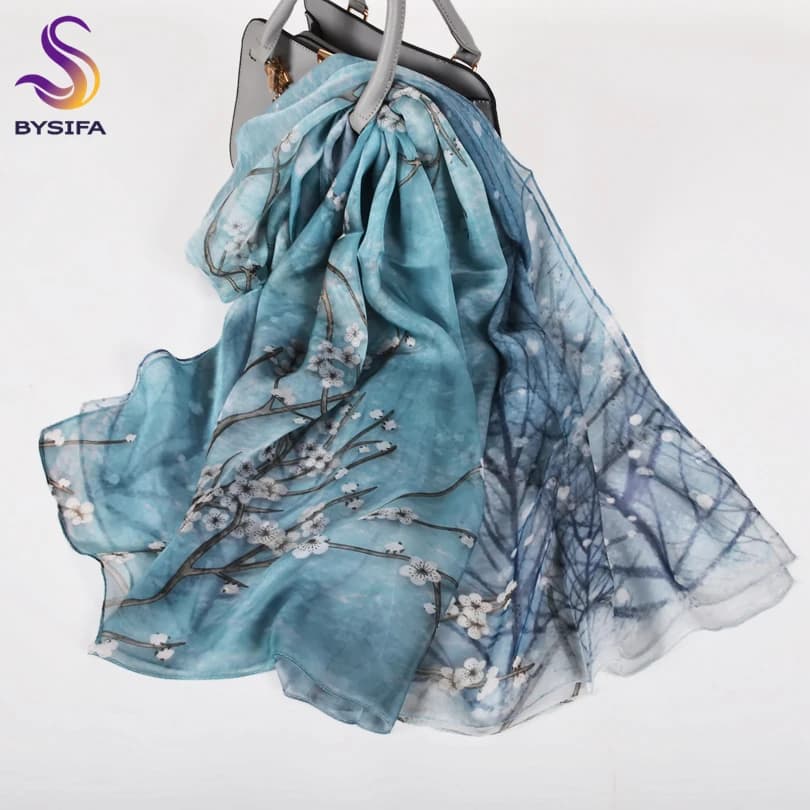 [BYSIFA] Scialle con sciarpa in pura seta blu Moda donna Gazza sulla prugna Sciarpe lunghe con design Sciarpe autunno inverno