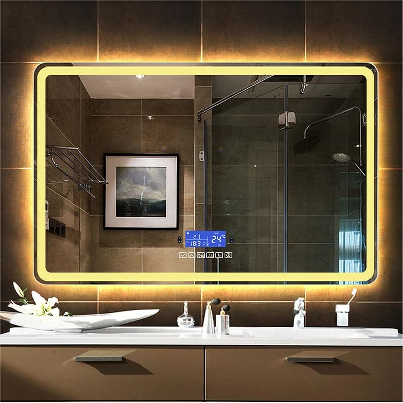 Specchio per il trucco da bagno intelligente Bluetooth rettangolare con specchi di bellezza antiappannamento a induzione del corpo umano a luce bianca calda a LED
