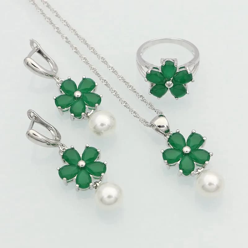 925 Sterling Silver Jewelry Green Created Emerald White Pearls Jewelry Sets For Women Anniversary Earrings/Pendant/Necklace/Ring