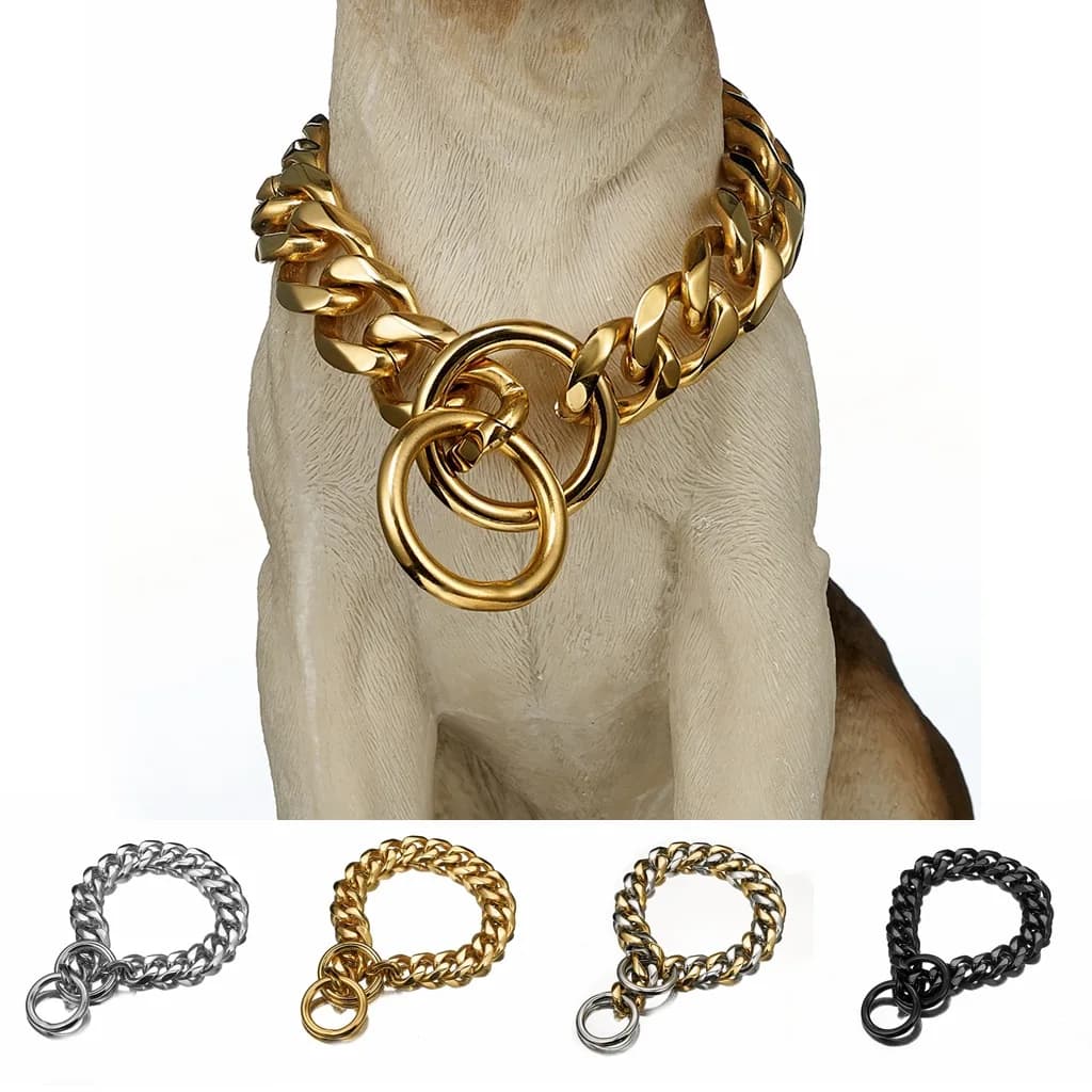 Dog Metal Collar P Chain Gold Stainless Steel Pet Dog Chain Collar Metal Necklace 19mm width Strong Large Dog Collars Pitdog