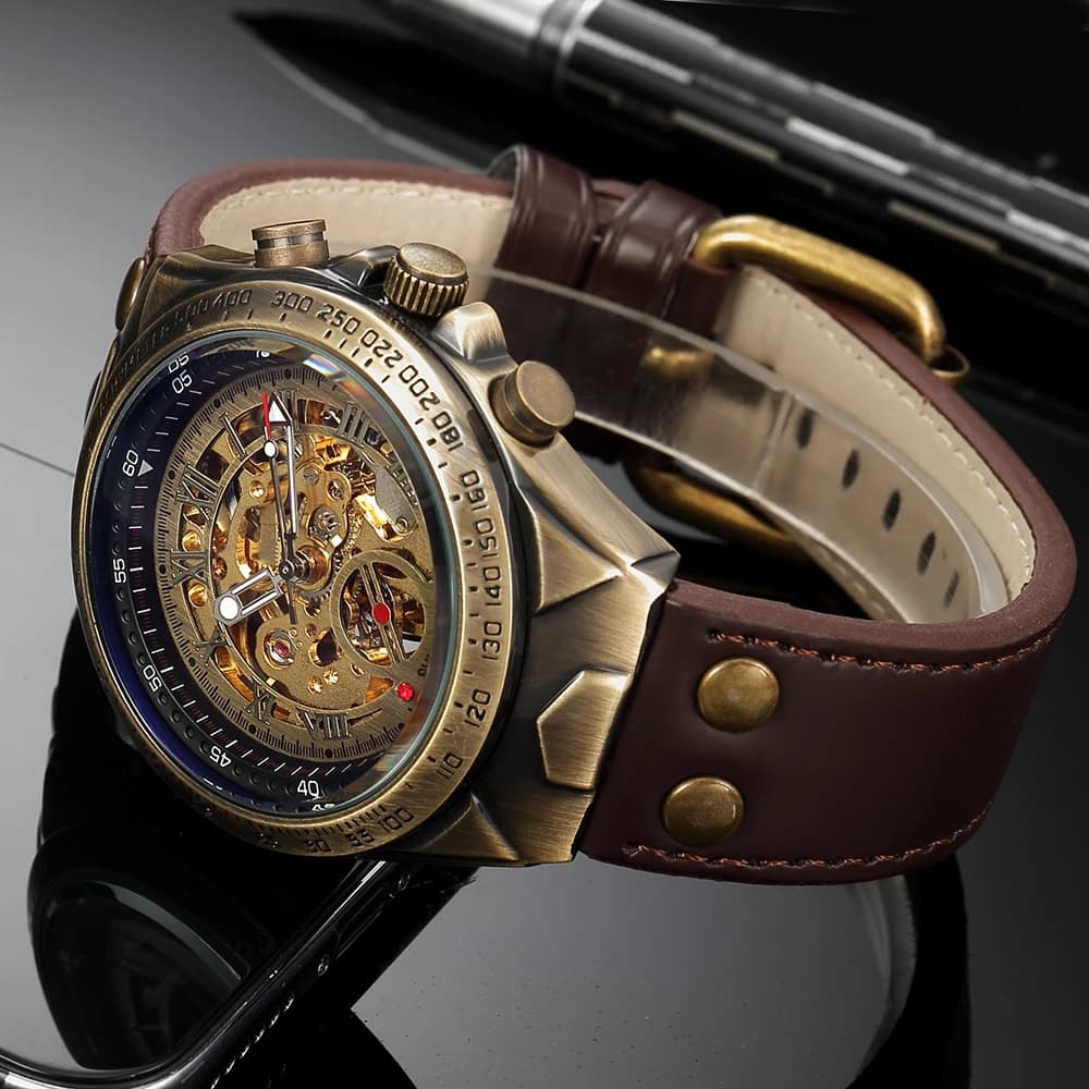 Men's automatic mechanical watch retro style skeleton Steampunk genuine leather strap men's self-involved wrist watches men's Reloj